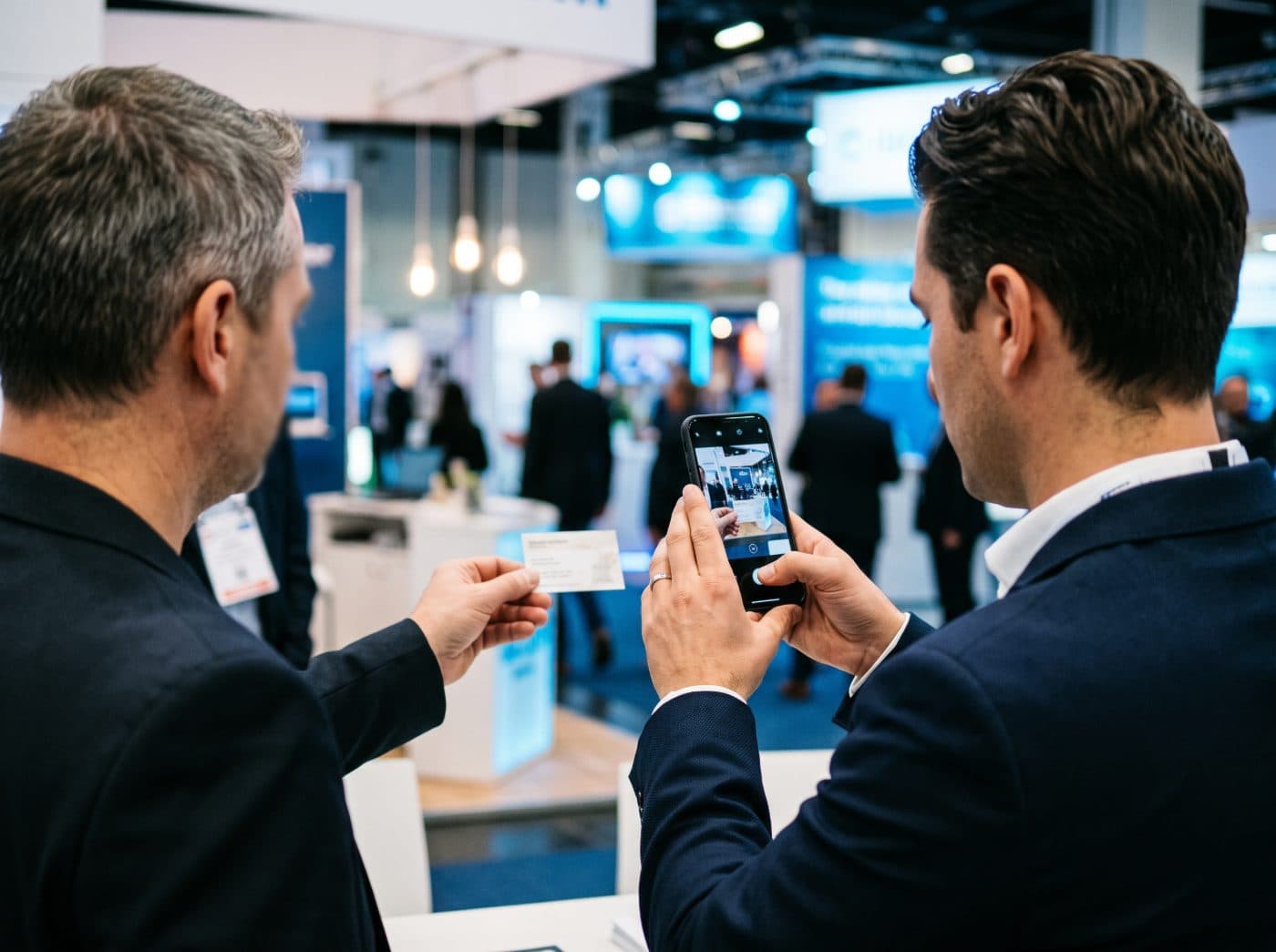 A sales rep scanning a visitor's business card with their phone at a trade show booth