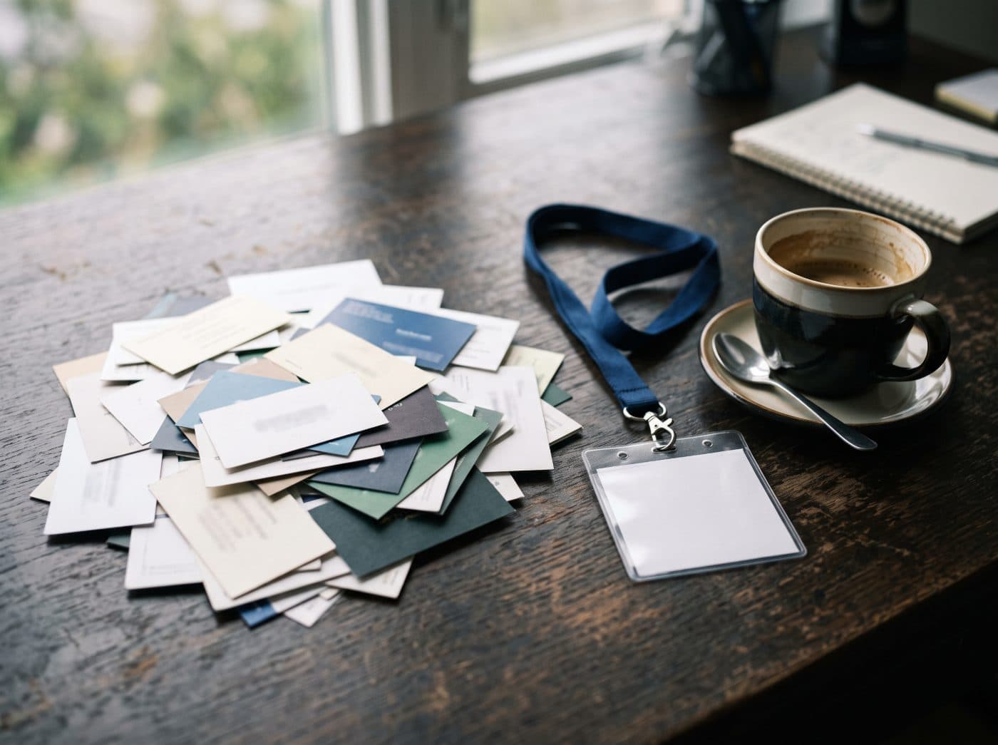 A pile of business cards waiting to be typed up on a desk, next to a trade show badge and a coffee