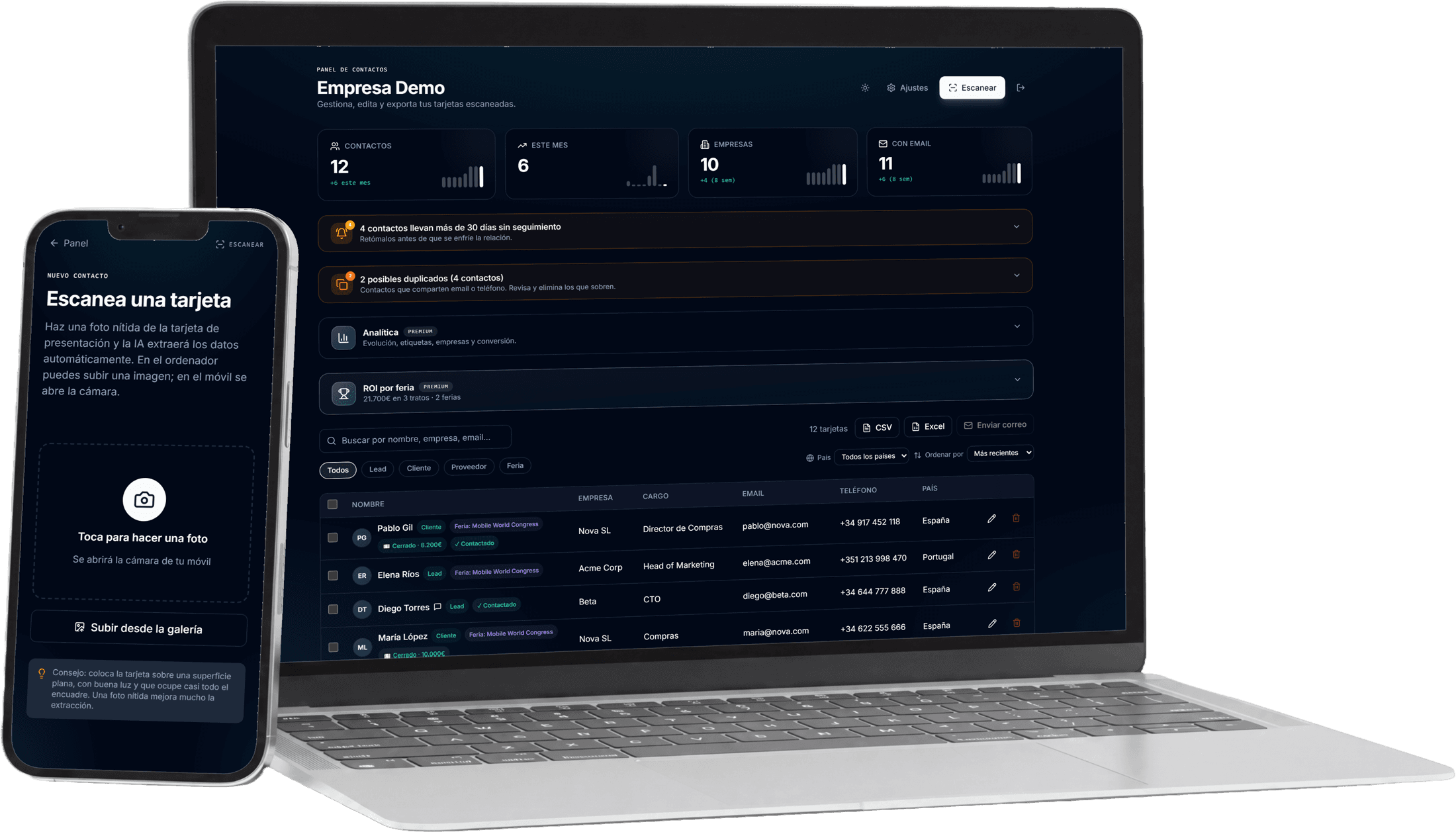 Tarjeo on desktop and mobile: the contacts dashboard with metrics, follow-up alerts, trade fair ROI and the table with tags and countries; on the phone, the screen for photographing a business card.